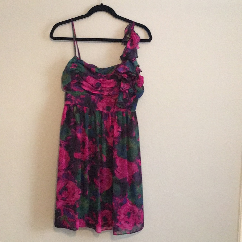 AGB One-Shoulder Floral Dress in Fuchsia and Green